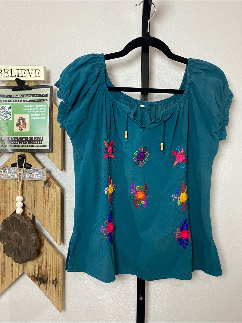 Source Unknown Teal Embroidered Peasant Blouse 22”ptp 23”L